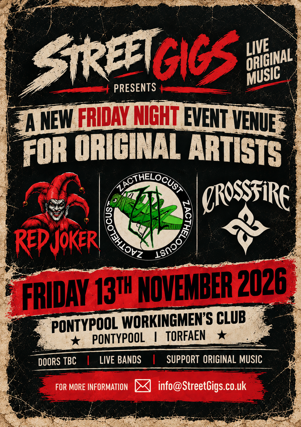 Street Gigs original music night poster for Friday 13 November 2026 at Pontypool Workingmen's Club, featuring Red Joker, Zacthelocust and Crossfire